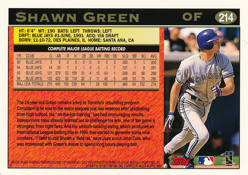 1996 Stadium Club Toronto Blue Jays Baseball Card #231 Shawn Green TSC,  in 2023